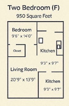 Floor plan for 2 beds, 1 bath, 990 sqft